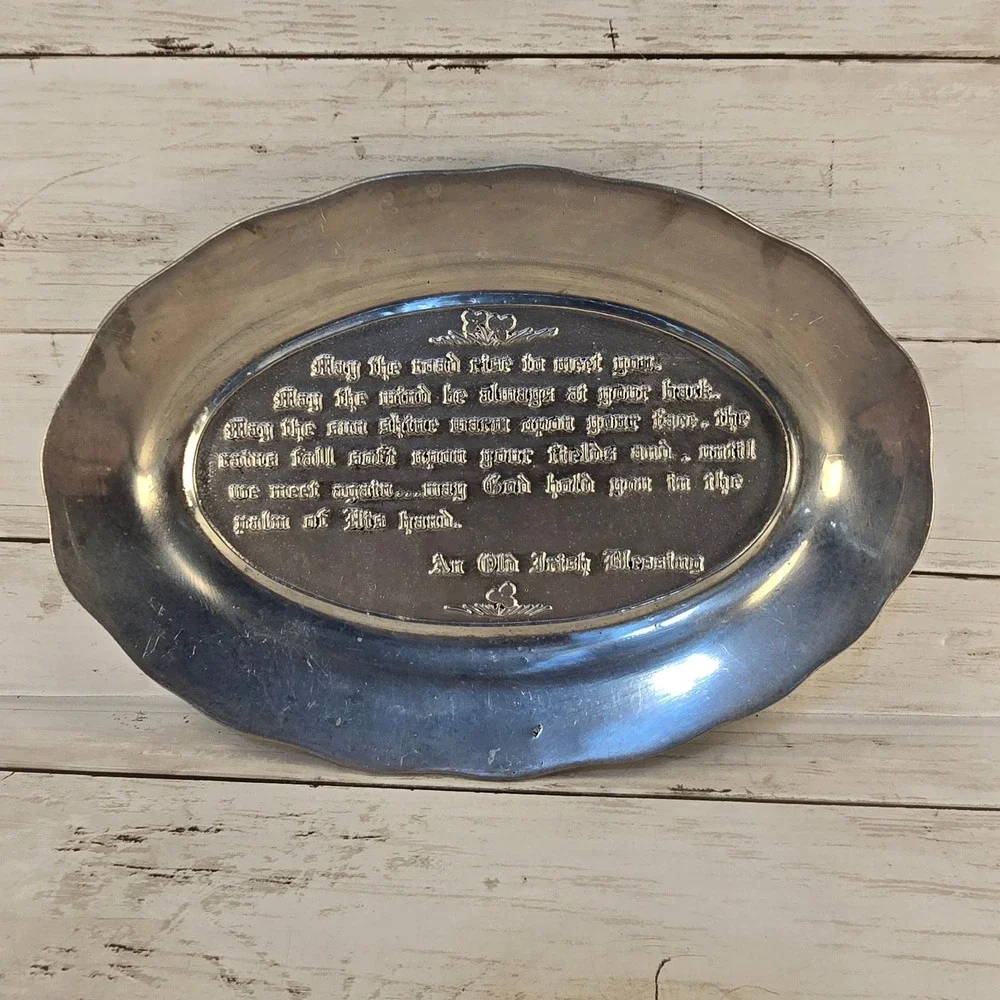 VTG Pew-Ta-Rex Pewter Platter Old Irish Blessing Oval Tray Colonial York PA